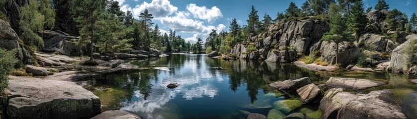 Poster - Scenic view of lake in pine forest with rock and trees concept. A serene lake surrounded by lush trees and rocky formations.