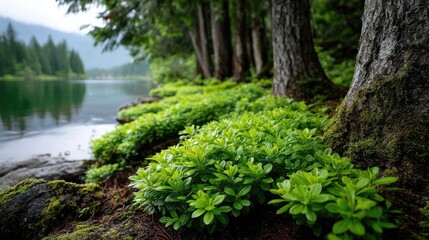 Poster - Scenic view of lake in pine forest under peaceful nature concept. Lush greenery by a tranquil lake surrounded by towering trees.