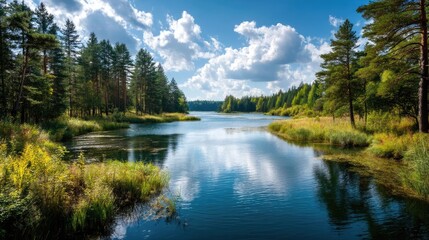 Poster - Scenic view of lake in pine forest under cloudy blue sky concept. A tranquil lake surrounded by lush trees and bright blue skies.