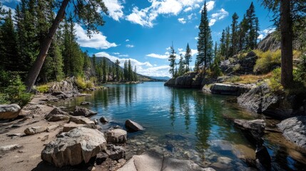 Poster - Scenic view of lake in pine forest with rock and trees concept. Serene lake surrounded by tall trees and blue sky.