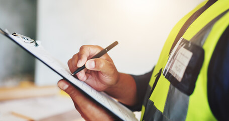 Aufkleber - Man, hands and engineer with clipboard for inspection, industrial career and building renovation of development. Contractor, architect and construction site for maintenance or infrastructure project