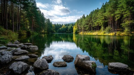 Poster - Scenic view of lake in pine forest with rock and trees concept. Serene lake surrounded by lush green forest and calm waters.