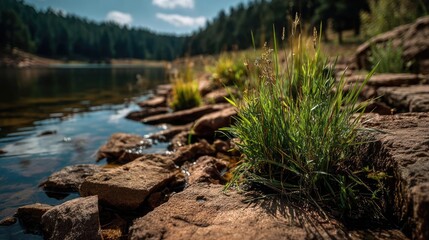 Poster - Scenic view of lake in pine forest with rock and trees concept. Serene lakeside view showcasing lush grass and tranquil water.
