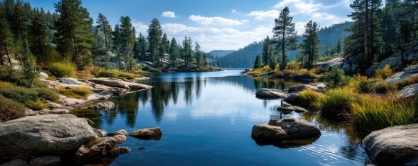 Poster - Scenic view of lake in pine forest with rock and trees concept. Serene lake landscape surrounded by lush trees and rocky shores.