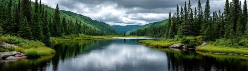 Poster - Scenic view of lake in pine forest under cloudy blue sky concept. Tranquil lake surrounded by lush greenery and dramatic clouds.