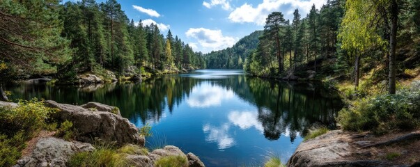 Poster - Scenic view of lake in pine forest with rock and trees concept. A serene lake surrounded by lush trees under a clear blue sky.