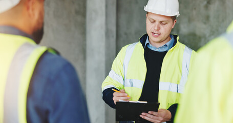 Poster - Man, checklist and group at construction site for discussion, review and advice for renovation project. Lead engineer, clipboard and team for architecture, listen or meeting for property development