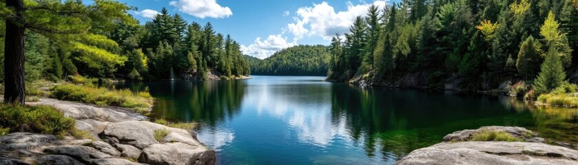 Poster - Scenic view of lake in pine forest with rock and trees concept. Serene lake surrounded by lush trees and vibrant blue skies.