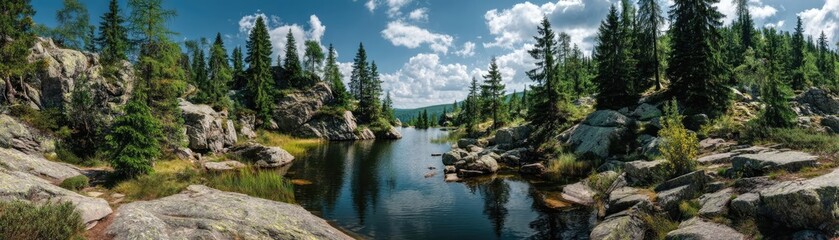 Poster - Scenic view of lake in pine forest with rock and trees concept. A serene landscape featuring a tranquil lake surrounded by trees.