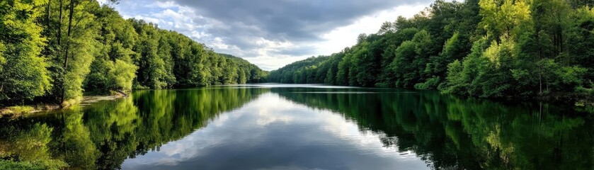 Poster - Scenic view of lake in pine forest under cloudy blue sky concept. Peaceful lakeside view surrounded by lush green forest.
