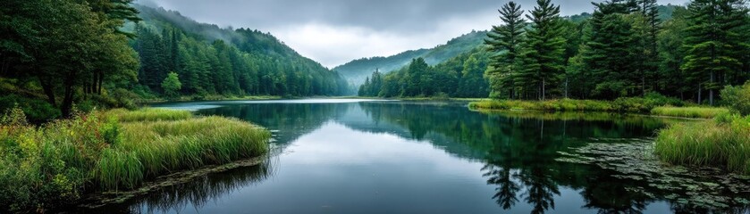 Poster - Scenic view of lake in pine forest under cloudy blue sky concept. Tranquil lake surrounded by lush green mountains and forests.