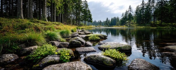 Poster - Scenic view of lake in pine forest under peaceful nature concept. Serene lake with smooth stones and lush greenery by the forest.