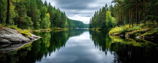 Poster - Scenic view of lake in pine forest under peaceful nature concept. Serene lake surrounded by lush forests under a cloudy sky.