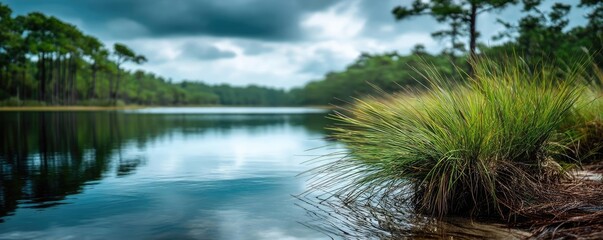 Poster - Scenic view of lake in pine forest under peaceful nature concept. Tranquil lake surrounded by lush grass and serene nature.