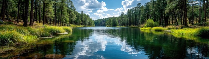 Poster - Scenic view of lake in pine forest under cloudy blue sky concept. Serene lake surrounded by lush greenery and vibrant skies.