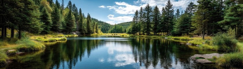 Poster - Scenic view of lake in pine forest under cloudy blue sky concept. Serene lake surrounded by lush greenery and towering trees.