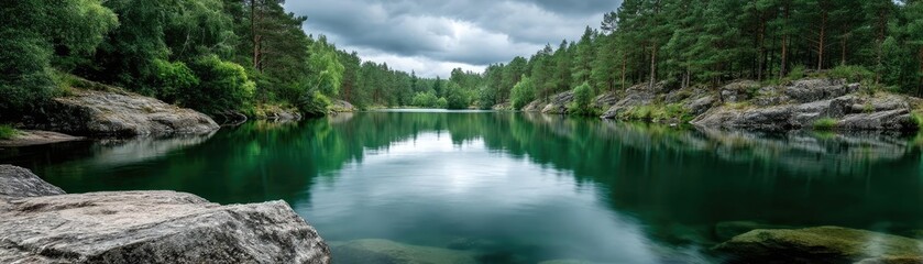 Poster - Scenic view of lake in pine forest under peaceful nature concept. Serene lake surrounded by lush greenery and tranquil skies.