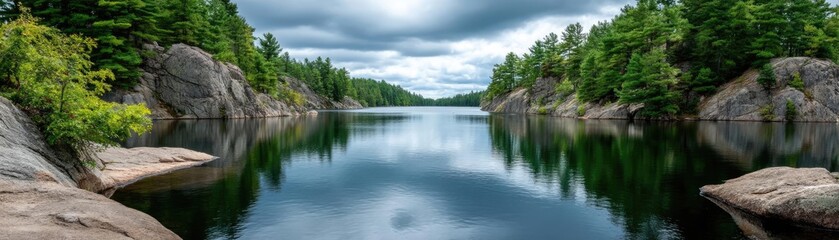 Poster - Scenic view of lake in pine forest under peaceful nature concept. Serene lake surrounded by lush green forests under cloudy skies.
