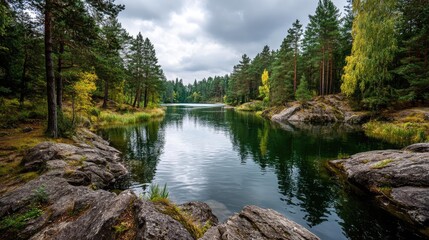 Aufkleber - Scenic view of lake in pine forest under peaceful nature concept. Serene lake surrounded by lush trees and rocky shores in autumn.