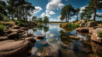 Poster - Scenic view of lake in pine forest with rock and trees concept. Serene lakeside view with reflections and lush greenery.