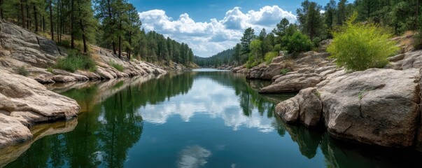 Poster - Scenic view of lake in pine forest with rock and trees concept. Serene river reflecting clouds and trees in a tranquil landscape.