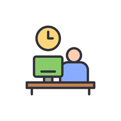 Poster - Stylized Illustration Of Person Working At Computer With Clock