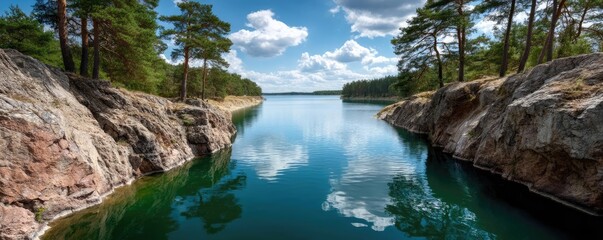 Poster - Scenic view of lake in pine forest with rock and trees concept. A serene river flows between rocky shores under a blue sky.