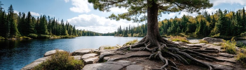 Poster - Scenic view of lake in pine forest with rock and trees concept. A tranquil lake scene with a majestic tree by the water's edge.