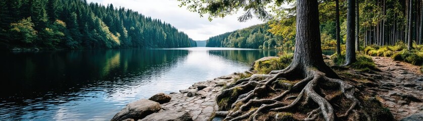 Poster - Scenic view of lake in pine forest with rock and trees concept. Serene lake surrounded by lush forest and strong tree roots.