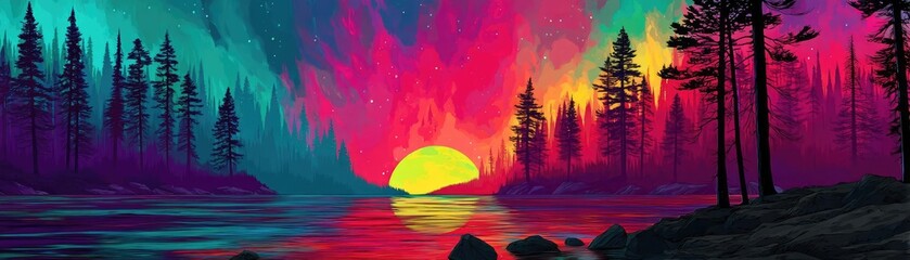Poster - Scenic view of lake in pine forest with rock and trees concept. A vibrant sunset over a serene lake surrounded by colorful trees.