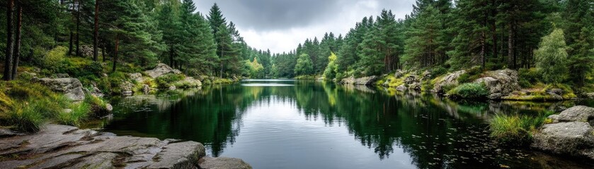 Poster - Scenic view of lake in pine forest under peaceful nature concept. Serene lake surrounded by lush green trees and rocky edges.