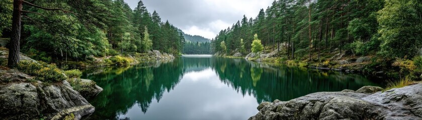 Poster - Scenic view of lake in pine forest under peaceful nature concept. A tranquil lake surrounded by lush green forests and mountains.
