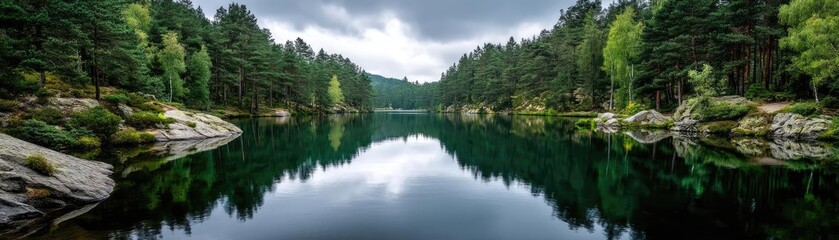Aufkleber - Scenic view of lake in pine forest under peaceful nature concept. Tranquil lake surrounded by lush green trees and cloudy sky.