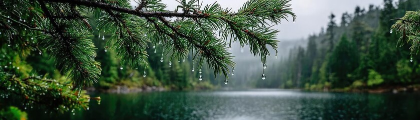 Poster - Scenic view of lake in pine forest under cloudy blue sky concept. A serene view of forested landscape reflecting in calm water.
