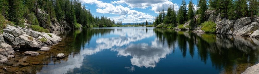 Poster - Scenic view of lake in pine forest under cloudy blue sky concept. Tranquil lake with reflection of trees and clouds in the sky.