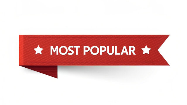 Red ribbon banner displaying most popular text with star embellishments isolated on white
