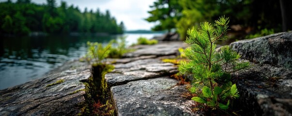 Poster - Scenic view of lake in pine forest under peaceful nature concept. Lush greenery grows near calm waters, showcasing nature's beauty.