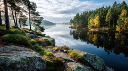 Poster - Scenic view of lake in pine forest with rock and trees concept. Serene lakeside view with trees reflecting in calm waters.