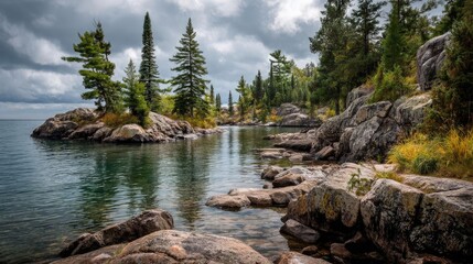 Poster - Scenic view of lake in pine forest under peaceful nature concept. Serene lakeside view with rocky shore and lush green trees