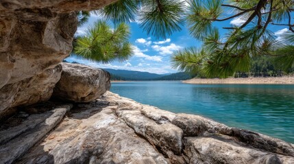 Poster - Scenic view of lake in pine forest with rock and trees concept. Serene lake view surrounded by rocks and pine trees under blue skies.