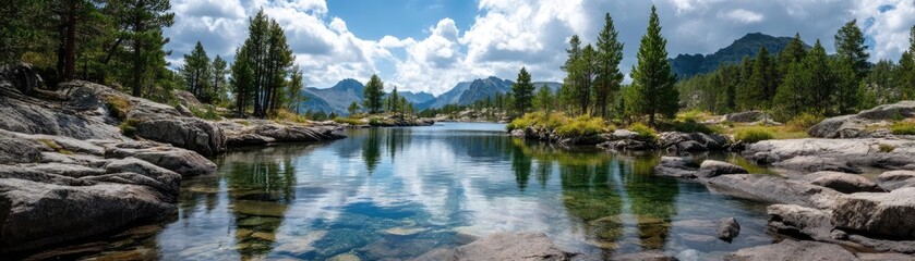 Poster - Scenic view of lake in pine forest with rock and trees concept. Scenic view of a tranquil lake surrounded by majestic mountains.