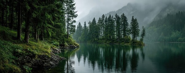 Poster - Scenic view of lake in pine forest under cloudy blue sky concept. Misty lake surrounded by lush evergreen trees and mountains.