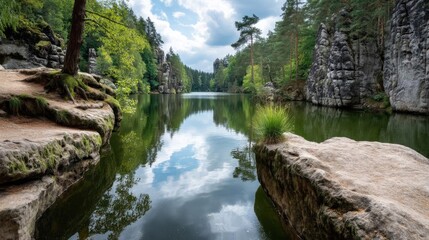 Poster - Scenic view of lake in pine forest under peaceful nature concept. Serene river view surrounded by lush green nature and rocky cliffs.