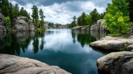 Poster - Scenic view of lake in pine forest under peaceful nature concept. Serene lake scene surrounded by rocky formations and lush greenery.