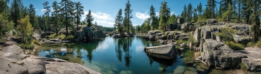 Poster - Scenic view of lake in pine forest with rock and trees concept. A serene lake surrounded by majestic trees and rocky formations.