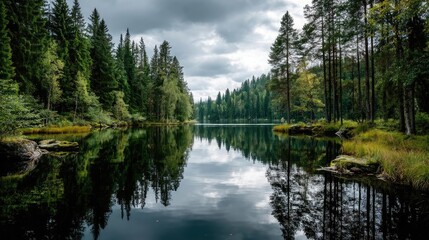 Poster - Scenic view of lake in pine forest under cloudy blue sky concept. Serene lake surrounded by lush pine trees under cloudy skies.