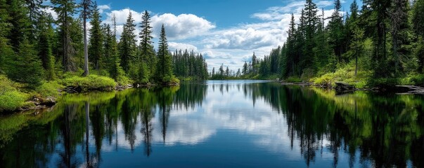 Poster - Scenic view of lake in pine forest under cloudy blue sky concept. A serene lake reflecting lush green trees and a bright blue sky.