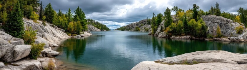 Poster - Scenic view of lake in pine forest under peaceful nature concept. Scenic view of a tranquil lake surrounded by rocky cliffs.