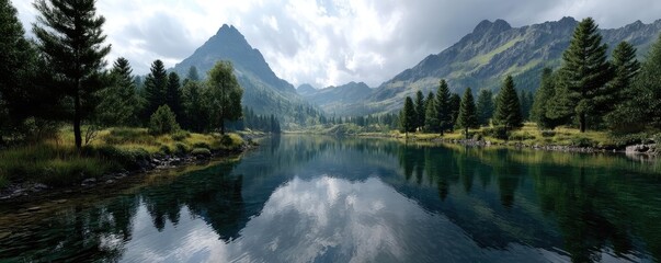 Poster - Scenic view of lake in pine forest under cloudy blue sky concept. Breathtaking mountain landscape with serene water reflection.