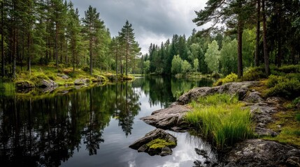 Poster - Scenic view of lake in pine forest under peaceful nature concept. Serene lake surrounded by lush forest under a cloudy sky.